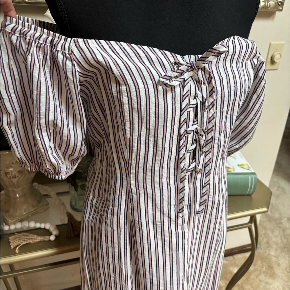 HAYDEN L.A. LACE UP ON OFF SHOULDER PUFF SLEEVE PINK STRIPE MINI DRESS SZ L NWT
